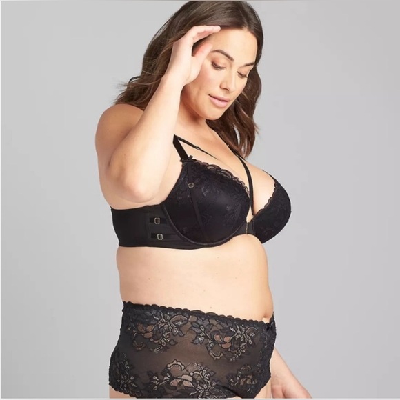 Cacique Shimmer Black Lace Strappy Front-Close Boost Plunge Bra Sz 44DD - Picture 2 of 15